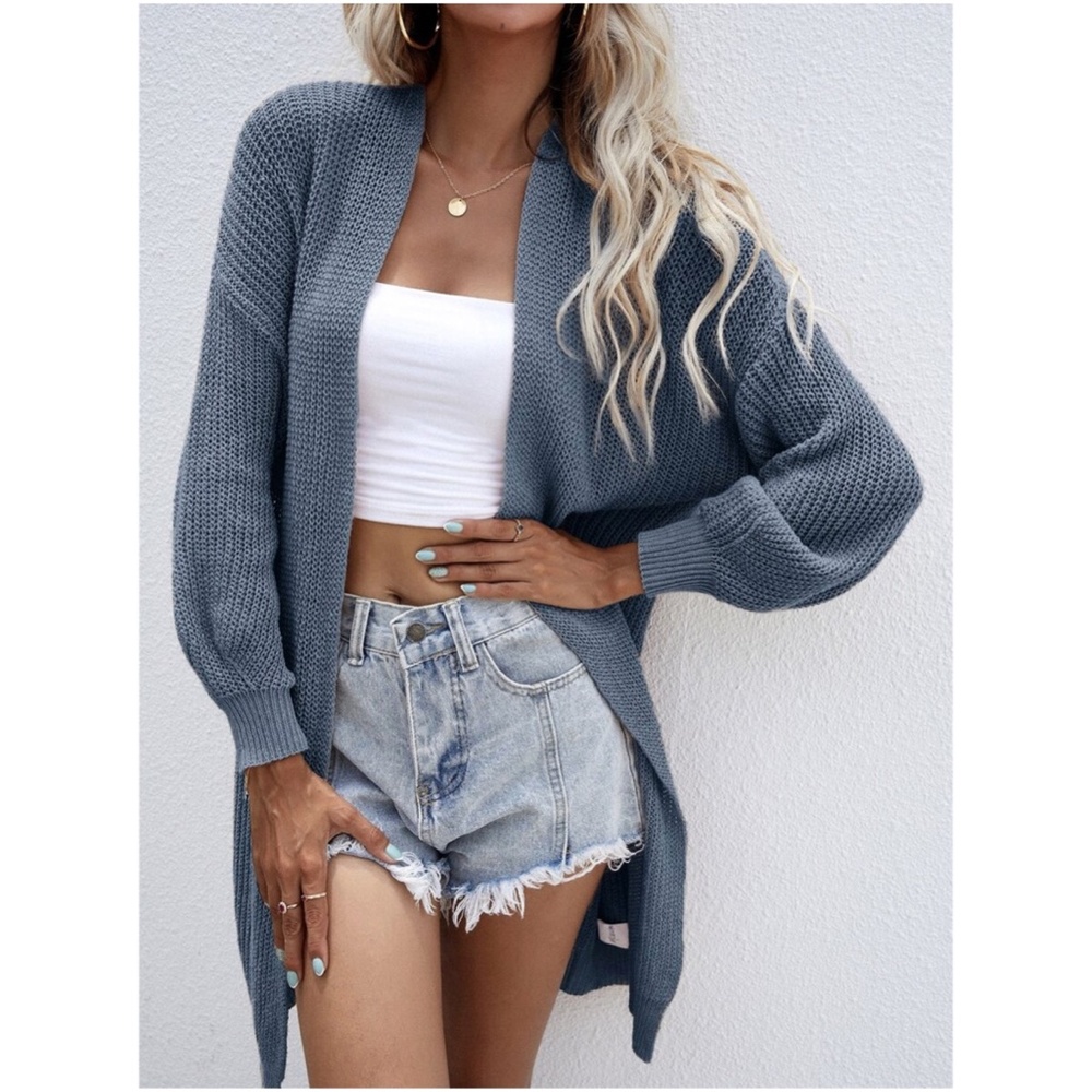 Dusty Blue Open Front Knit Oversized Cardigan - Picture 1 of 8